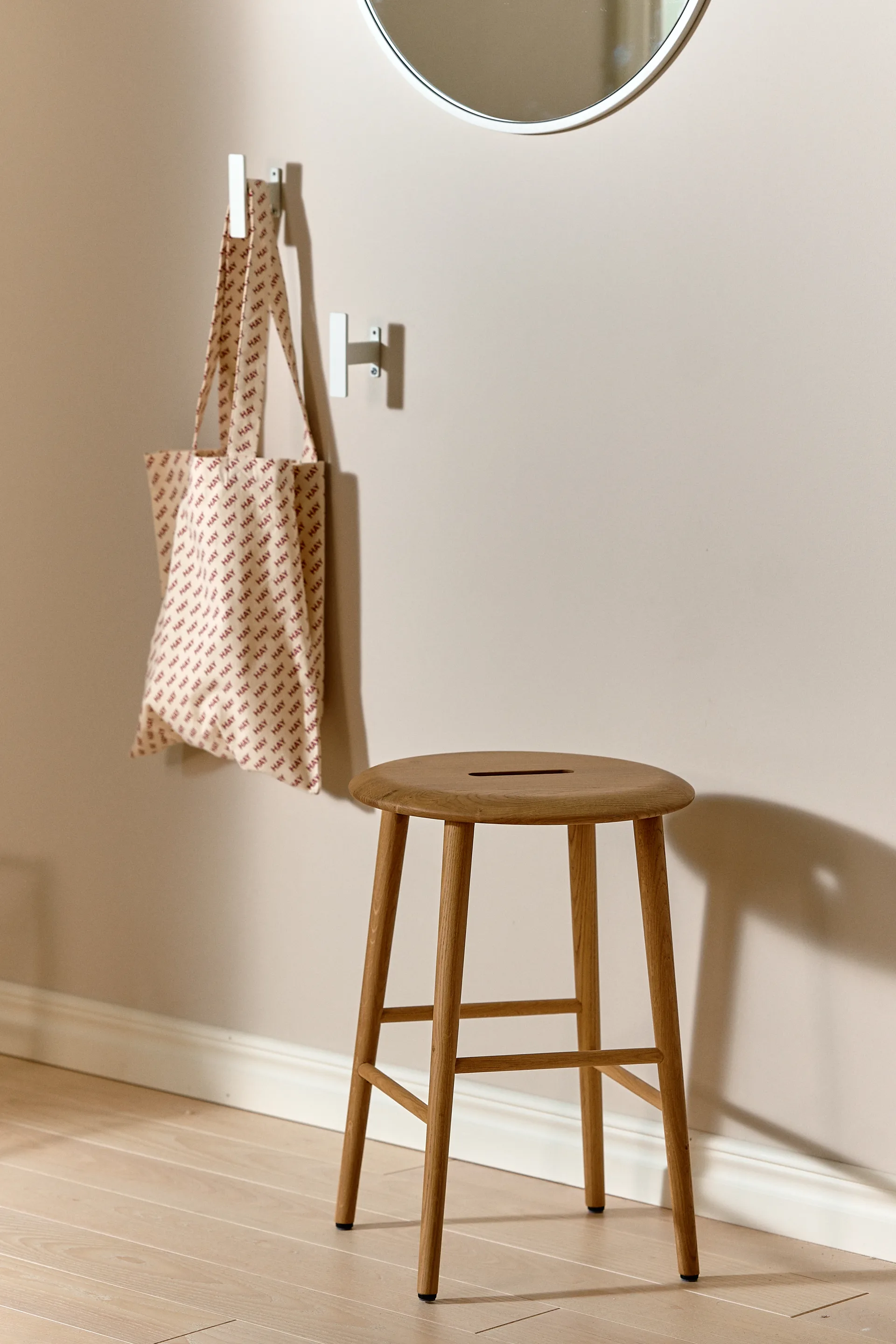 Norrabo round stool 53 cm, Natural lacquered oak, Ø38x53 cm 1898
