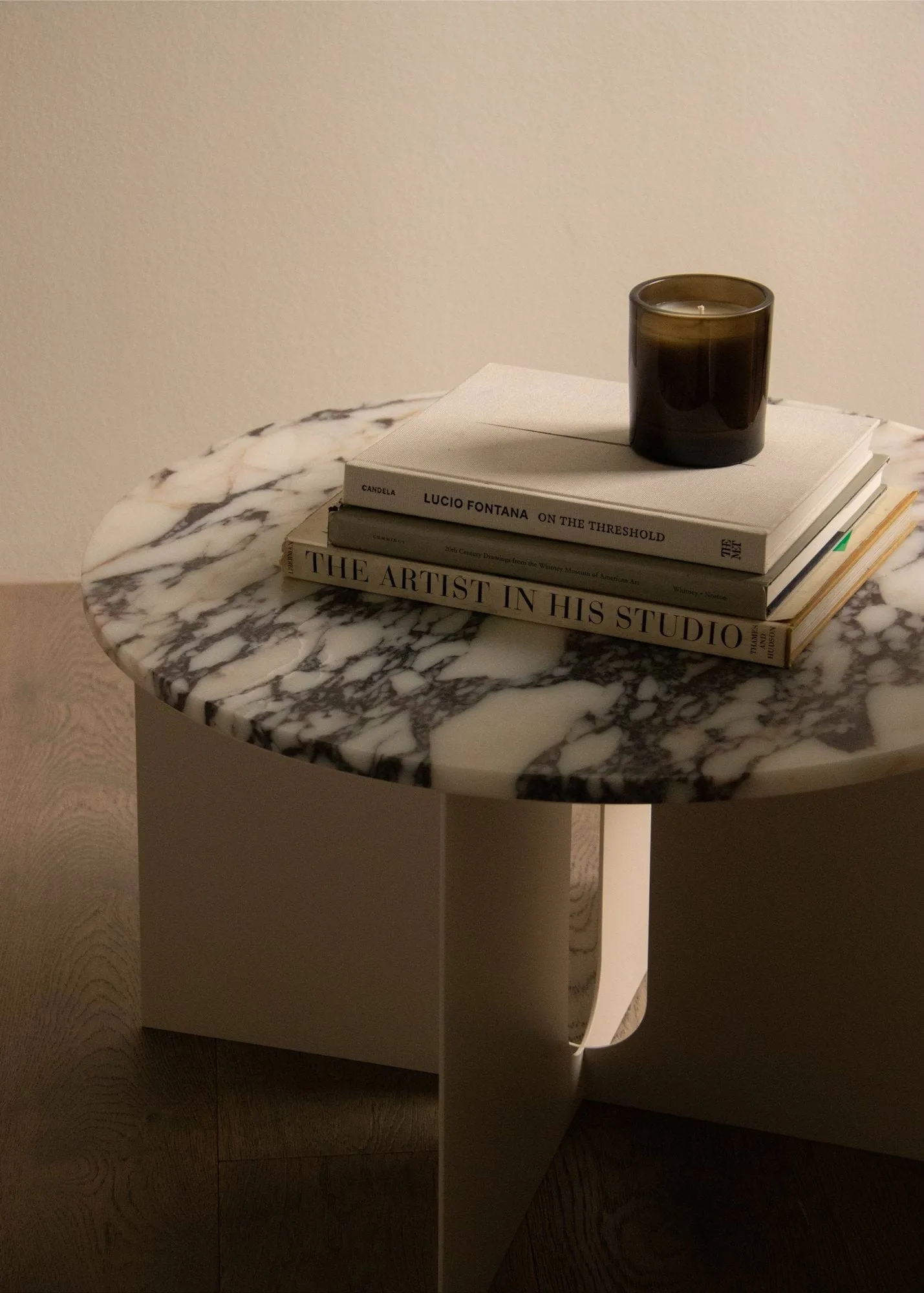 Androgyne side table, Grey Galaxy marble-ivory steel, Ø65 cm Audo Copenhagen