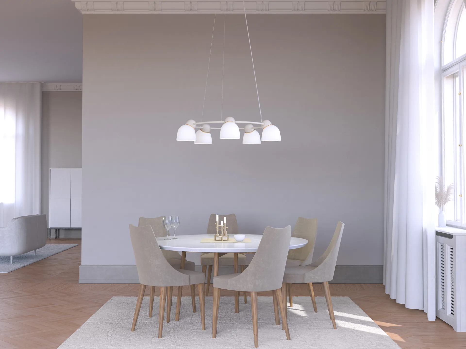 Bird chandelier Ø95.3 cm, Sand-brass-opal glass Belid
