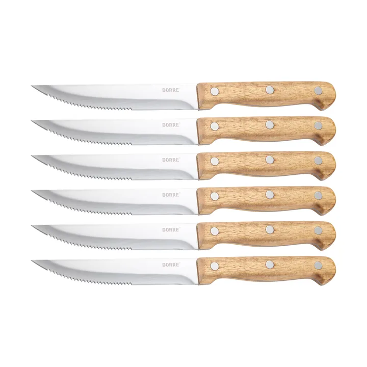 BBQ steak knife - Stainless steel, 6-pack, acacia wooden box, 22.5x2 cm - Dorre