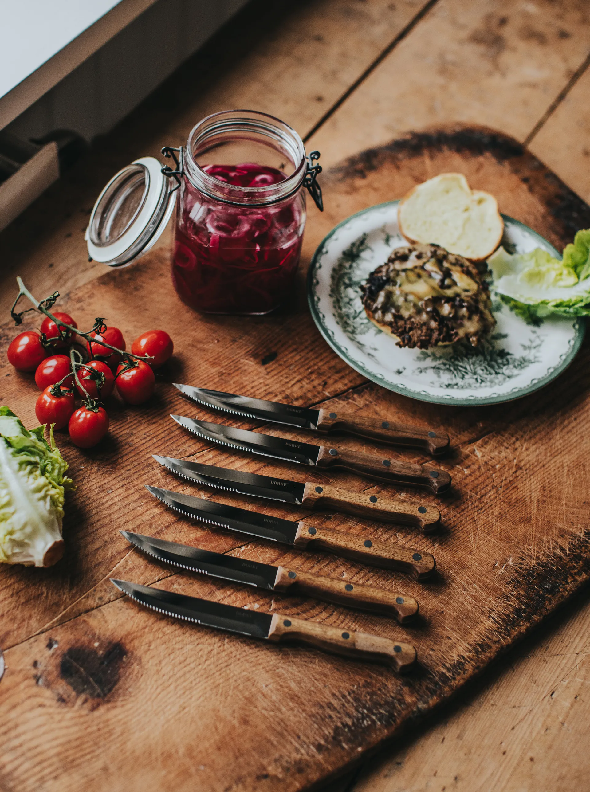 BBQ steak knife, Stainless steel, 6-pack, acacia wooden box, 22.5x2 cm Dorre