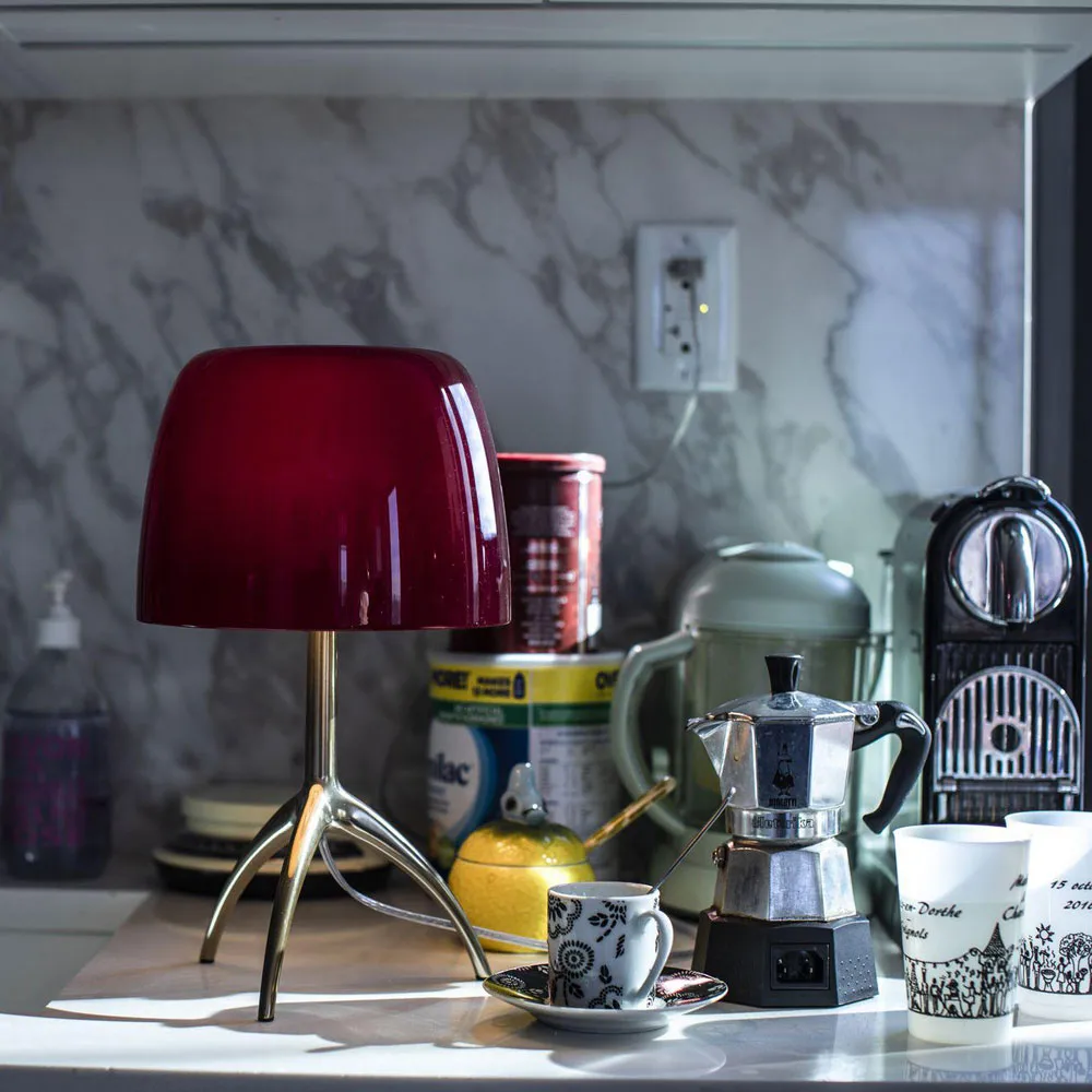 Lumiere Piccola Dimmable table lamp, White shade with black chrome base Foscarini