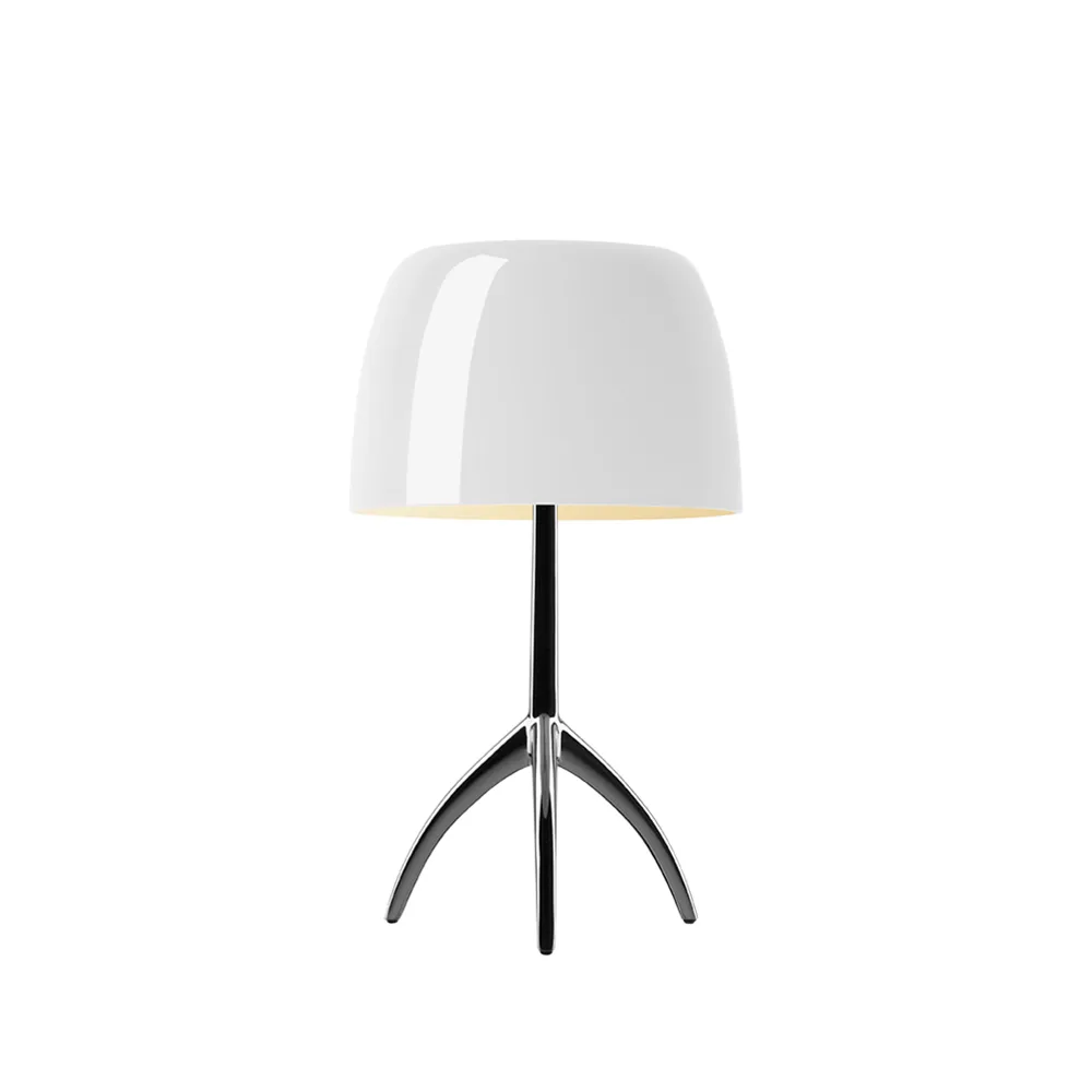 Lumiere Piccola Dimmable table lamp, White shade with black chrome base Foscarini