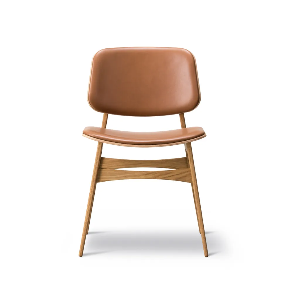 Søborg 3052 wood base chair fully upholstered, Leather Omni 307 cognac-lacquered oak legs Fredericia Furniture