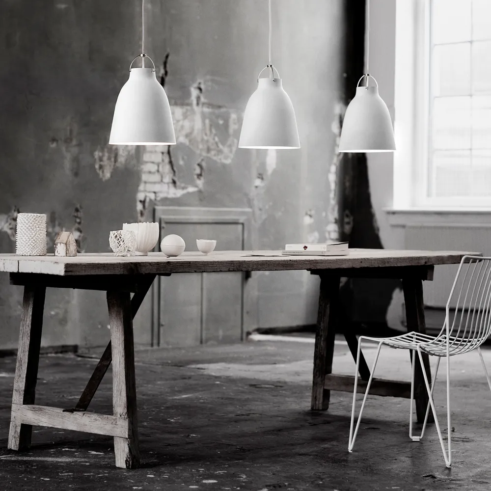 Caravaggio 2 pendant, White opal glass-grey textile cord Fritz Hansen