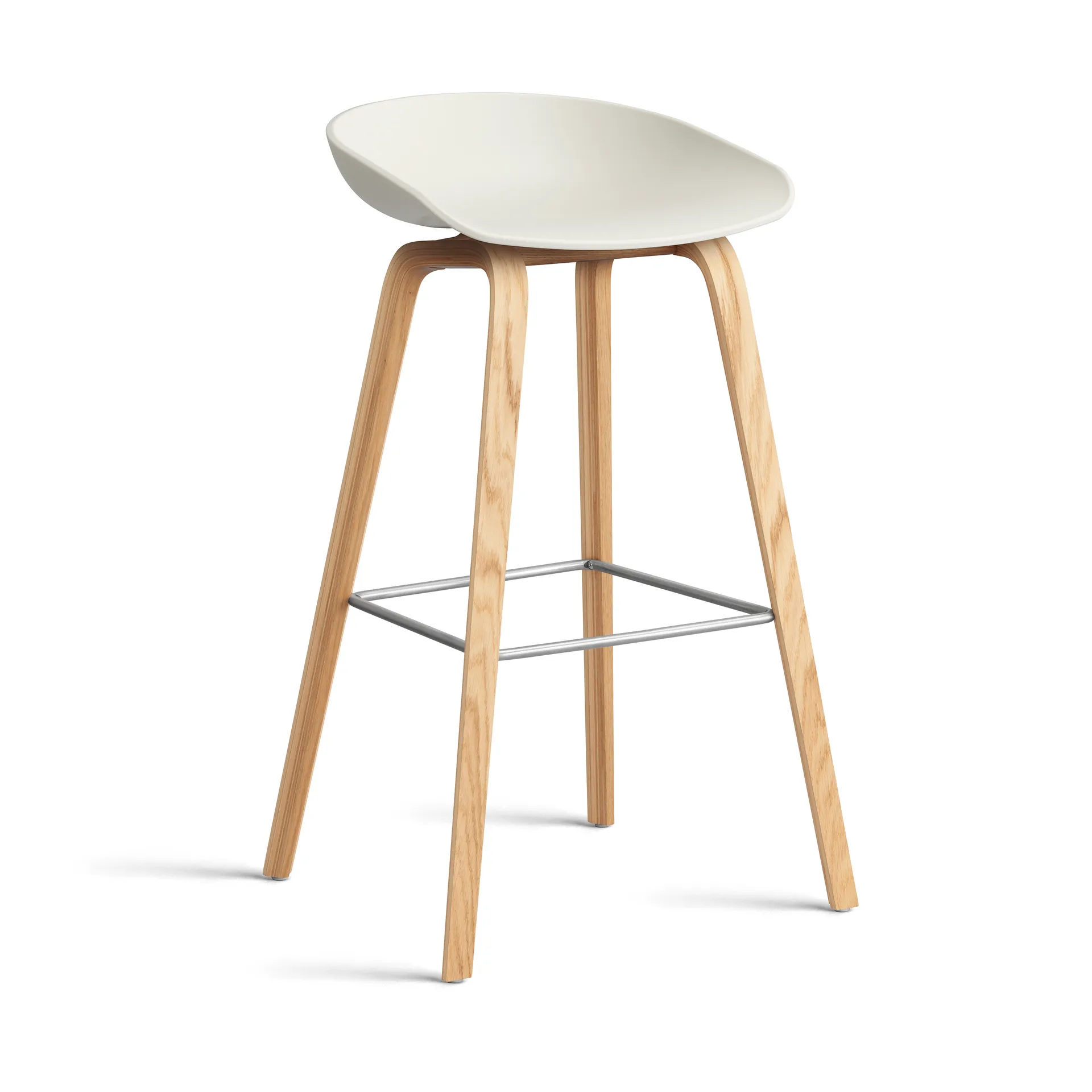About a Stool AAL32 High 2.0 bar stool lacquered oak base, Melange cream-stainless steel footrest HAY