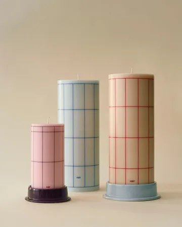 Column Candle block candle small 15 cm - Light pink-bordeaux grid - HAY