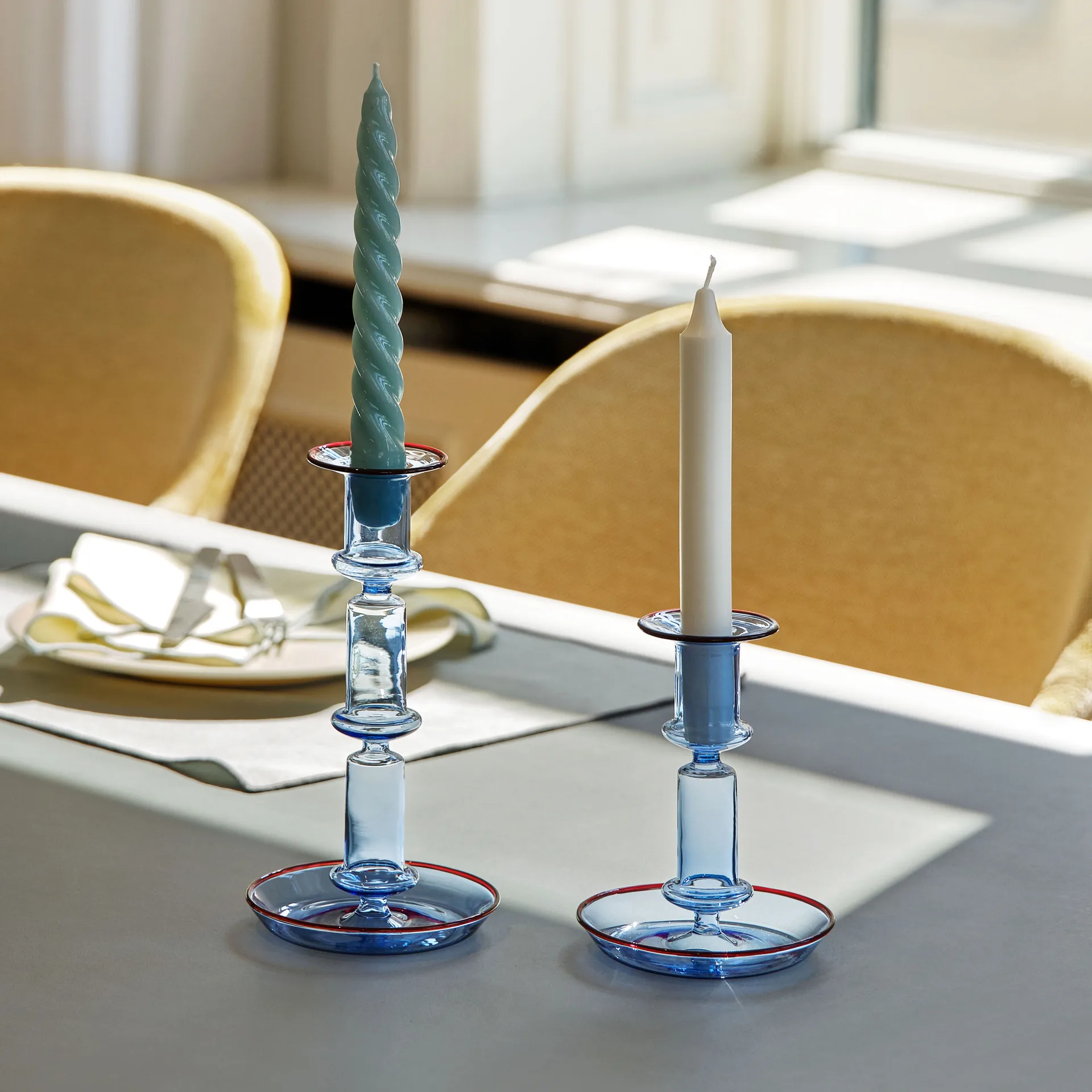 Flare tall candle sticks, light blue-red HAY