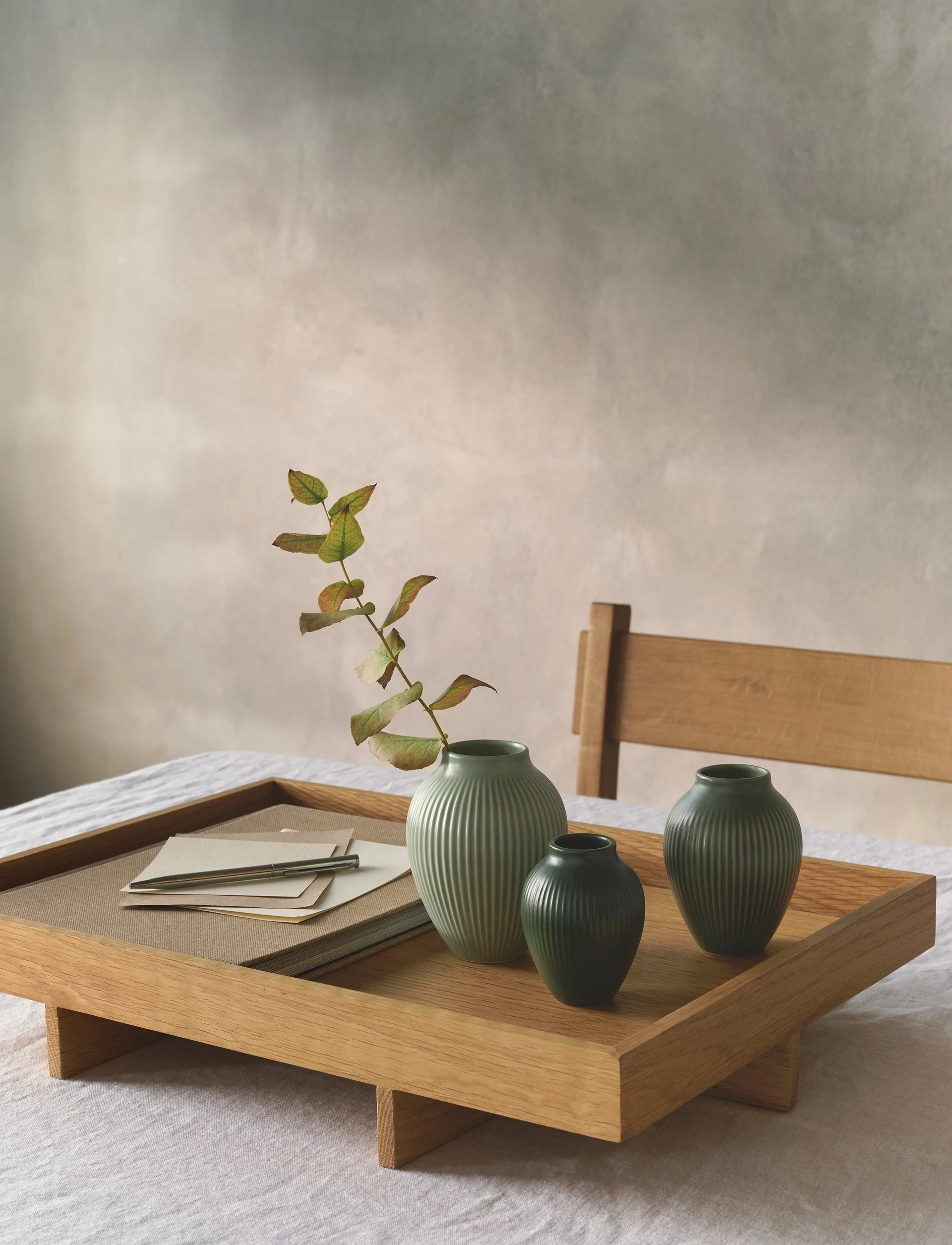 Knabstrup mini vase ripple matte 3-piece set, Misty green-celadon green-dark green Knabstrup Keramik