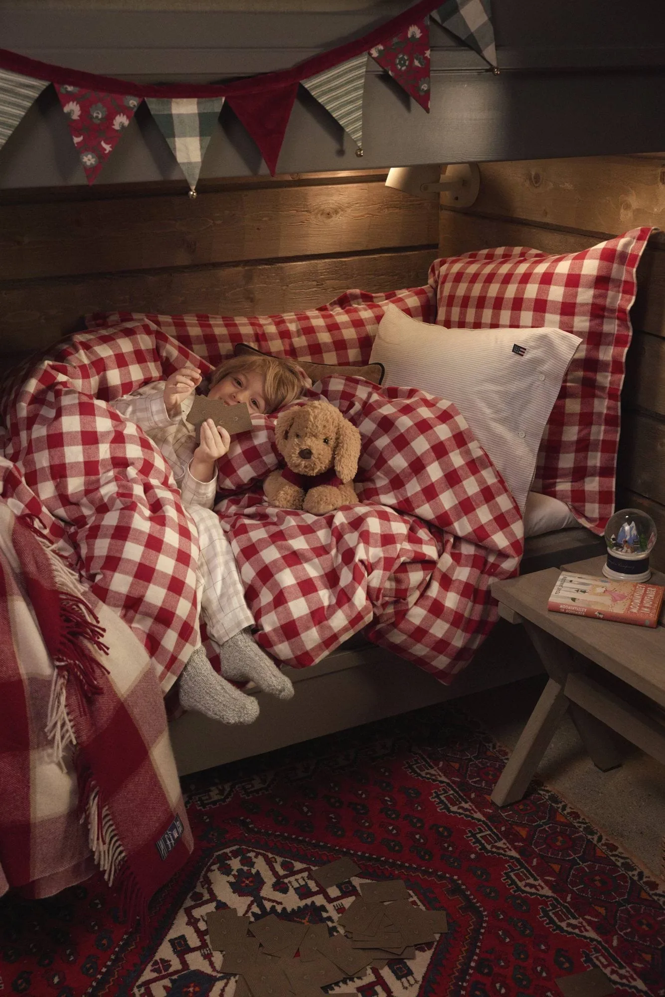 Checked cotton flannel bedding set, Red-light beige, 50x60 cm/150x210 cm Lexington
