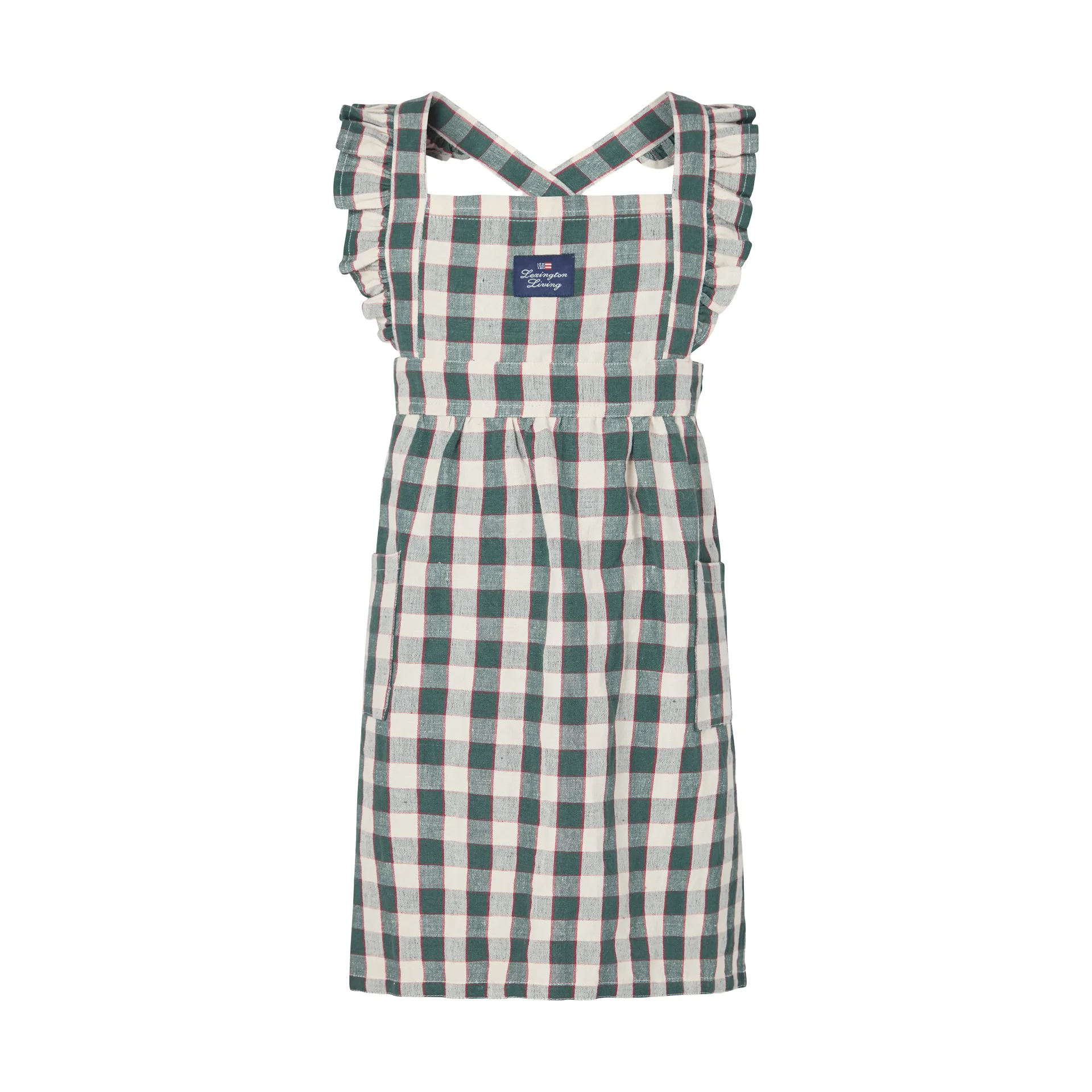 Checked cotton-linen kids’ apron, Green-Light beige-red, 4–6 years Lexington