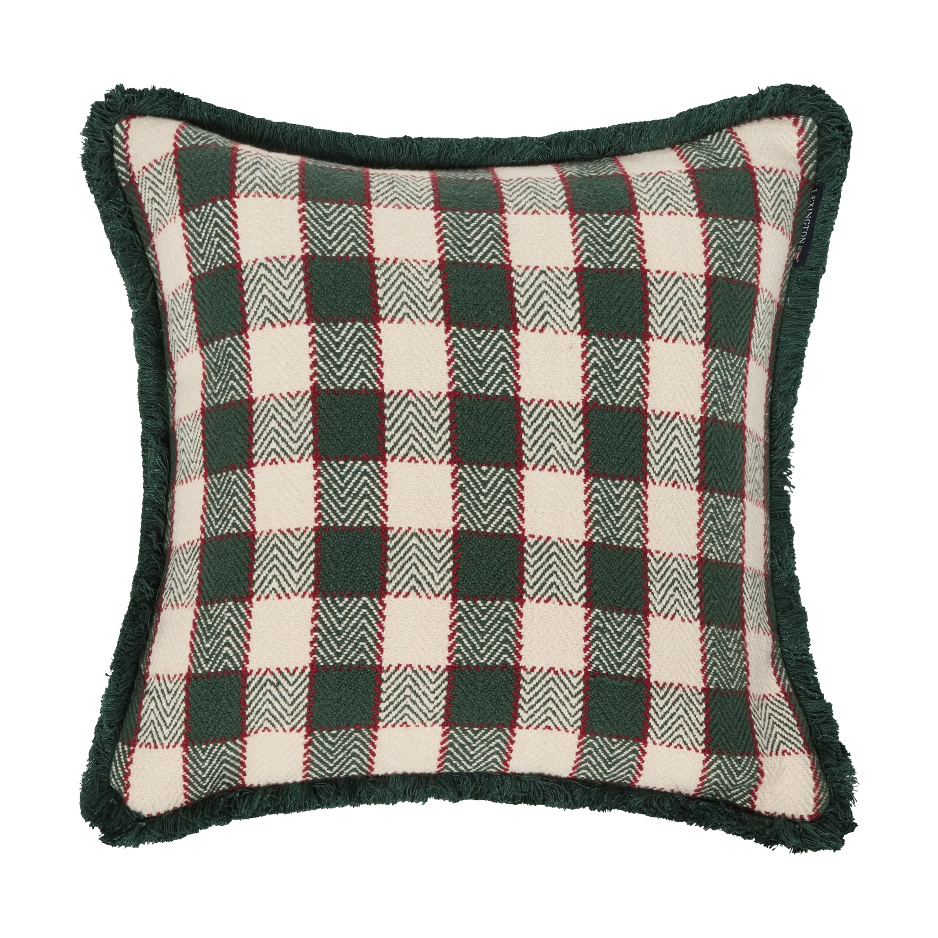 Checked organic cotton fringe cushion cover, Green-light beige-red Lexington