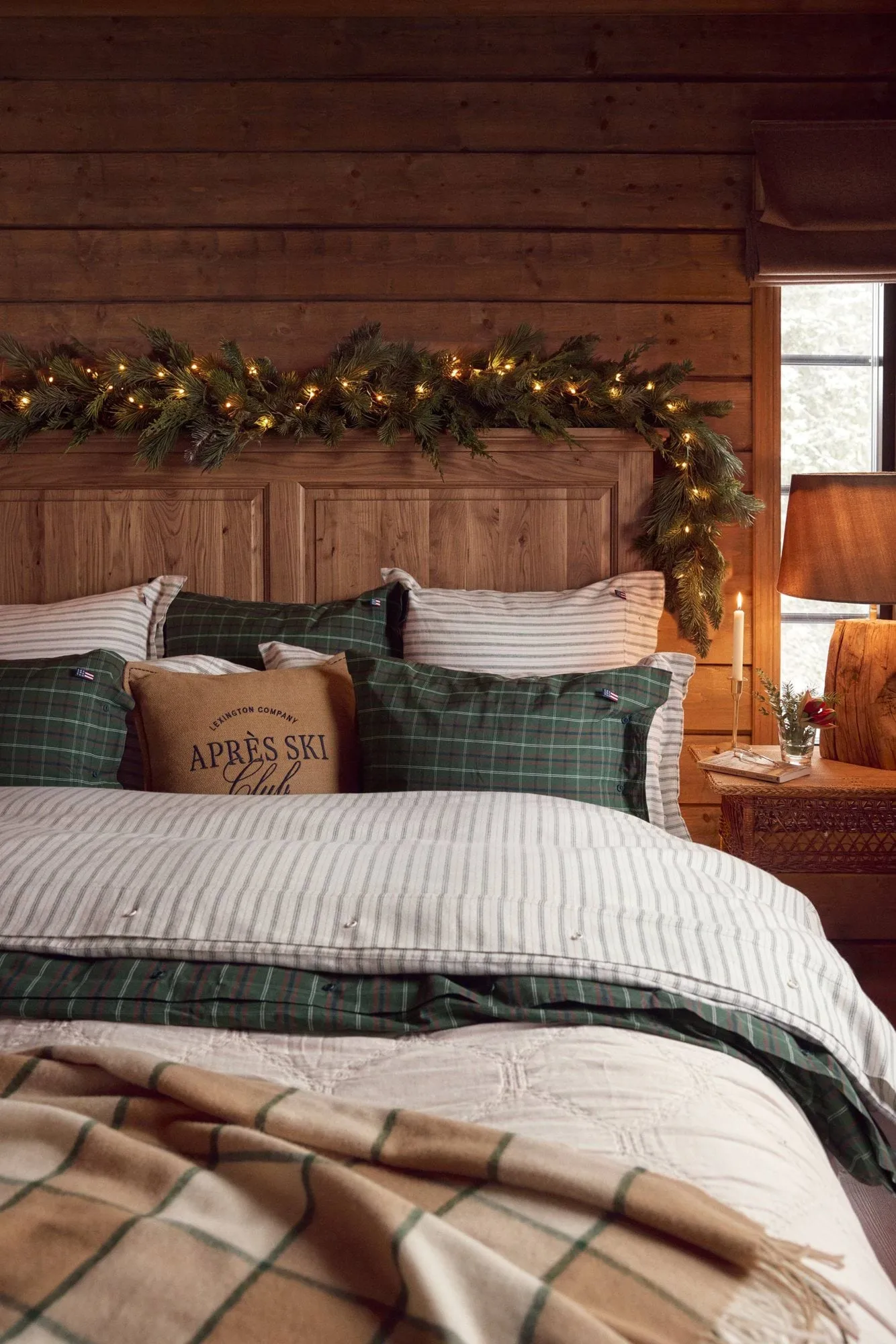Stripe cotton flannel bed set, White-green-beige, 50x60 cm/150x210 cm Lexington
