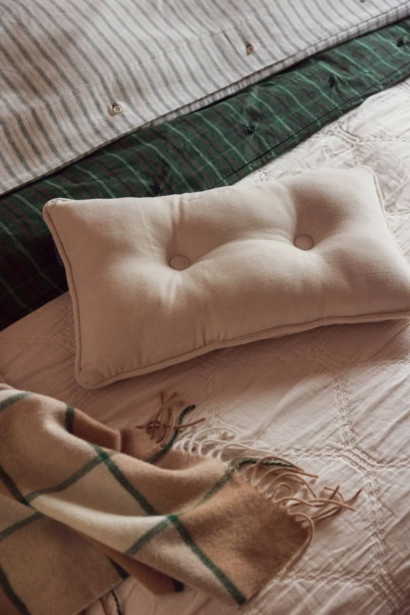 Stripe cotton flannel bed set, White-green-beige, 50x60 cm/150x210 cm Lexington