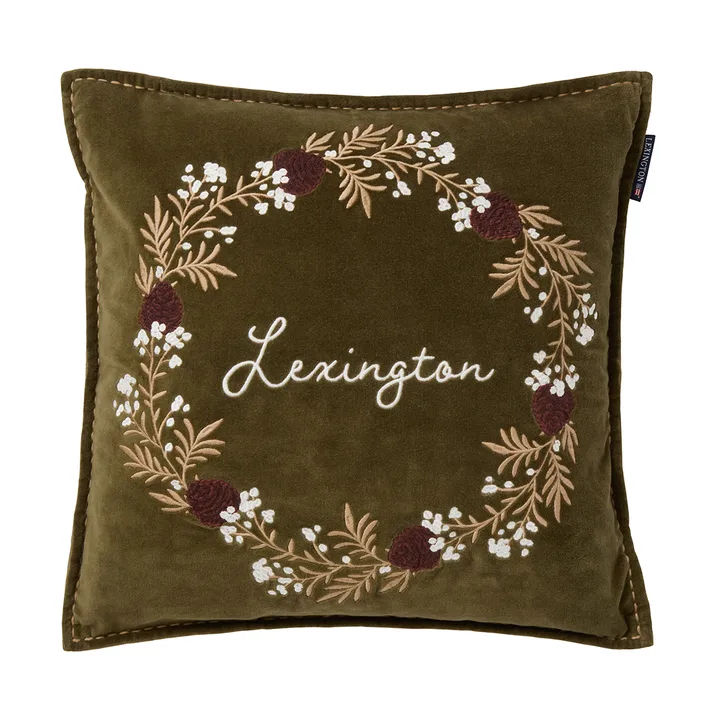 Wreath organic cotton velvet cushion cover 50x50 cm - Olive-brown-white - Lexington