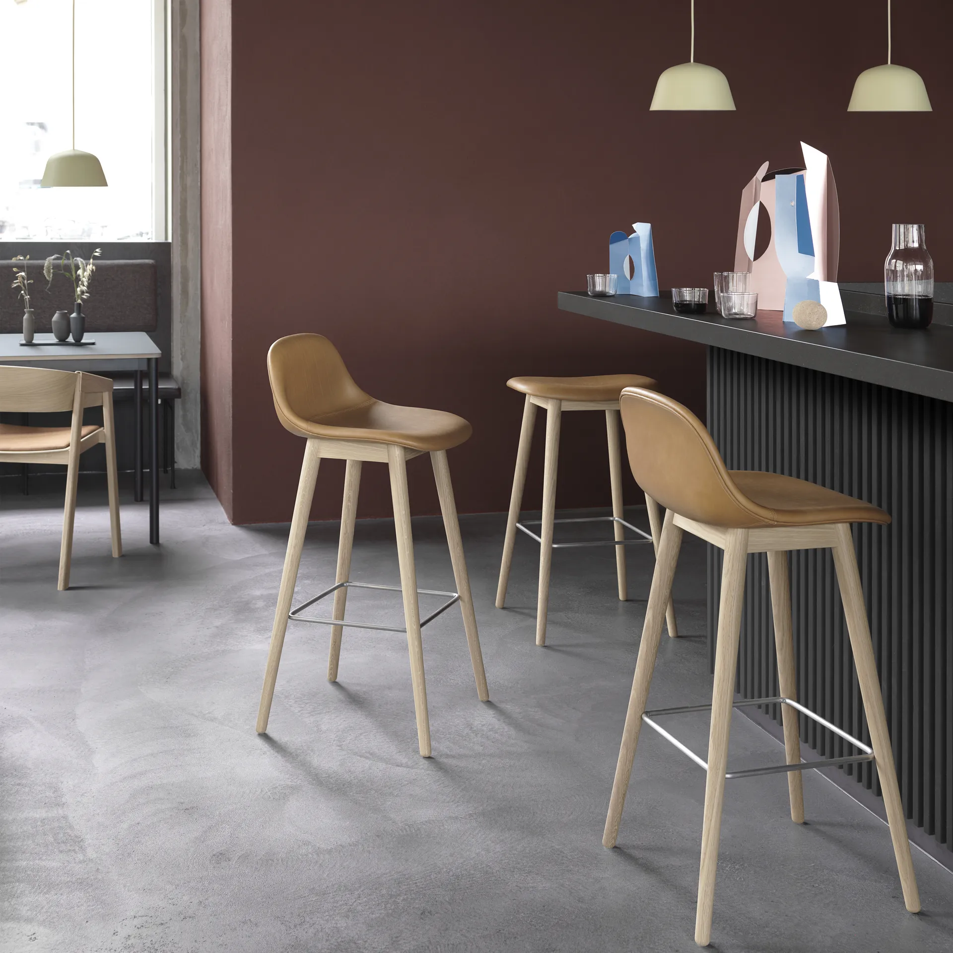 Fiber barstool with backrest 65 cm, Dusty green-dark brown stained legs Muuto