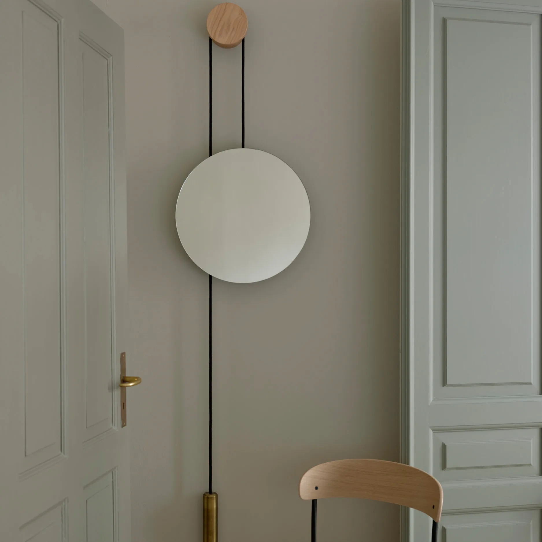 Rise and Shine mirror, Natural oak-brass weight New Works