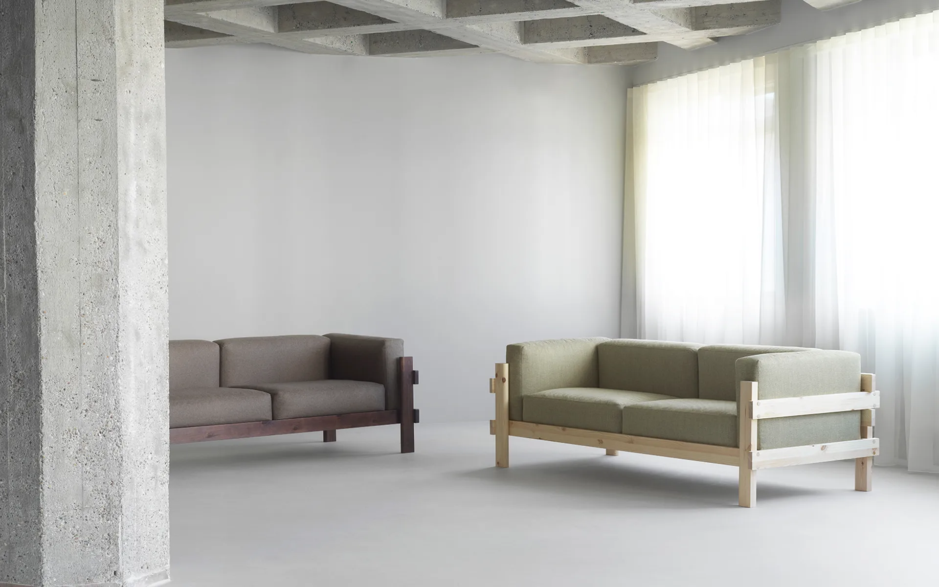 Kube sofa, Brown-lacquered pine–fabric Remix 143 Grey, 220 cm Normann Copenhagen