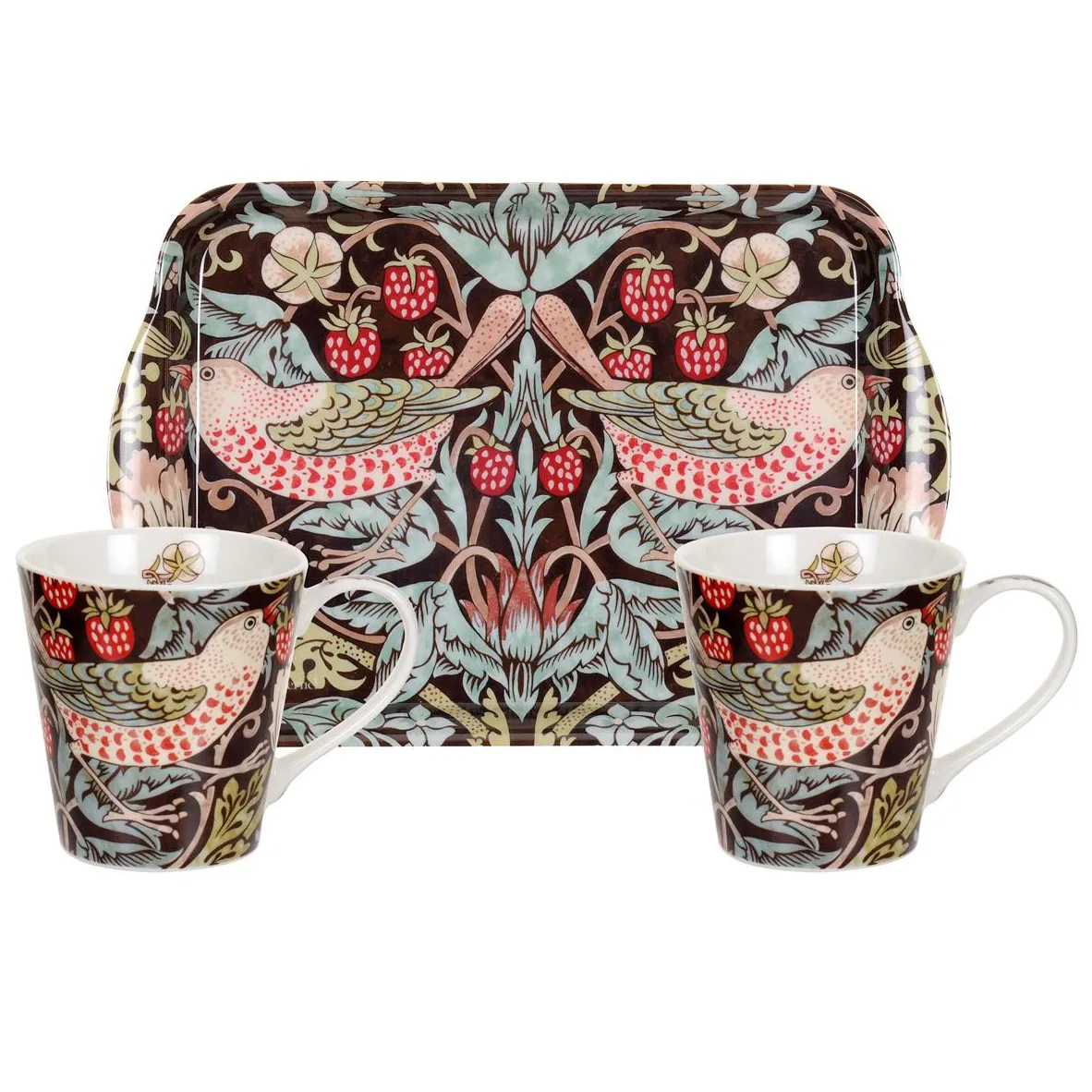Strawberry Thief mug and tray set, Brown Pimpernel