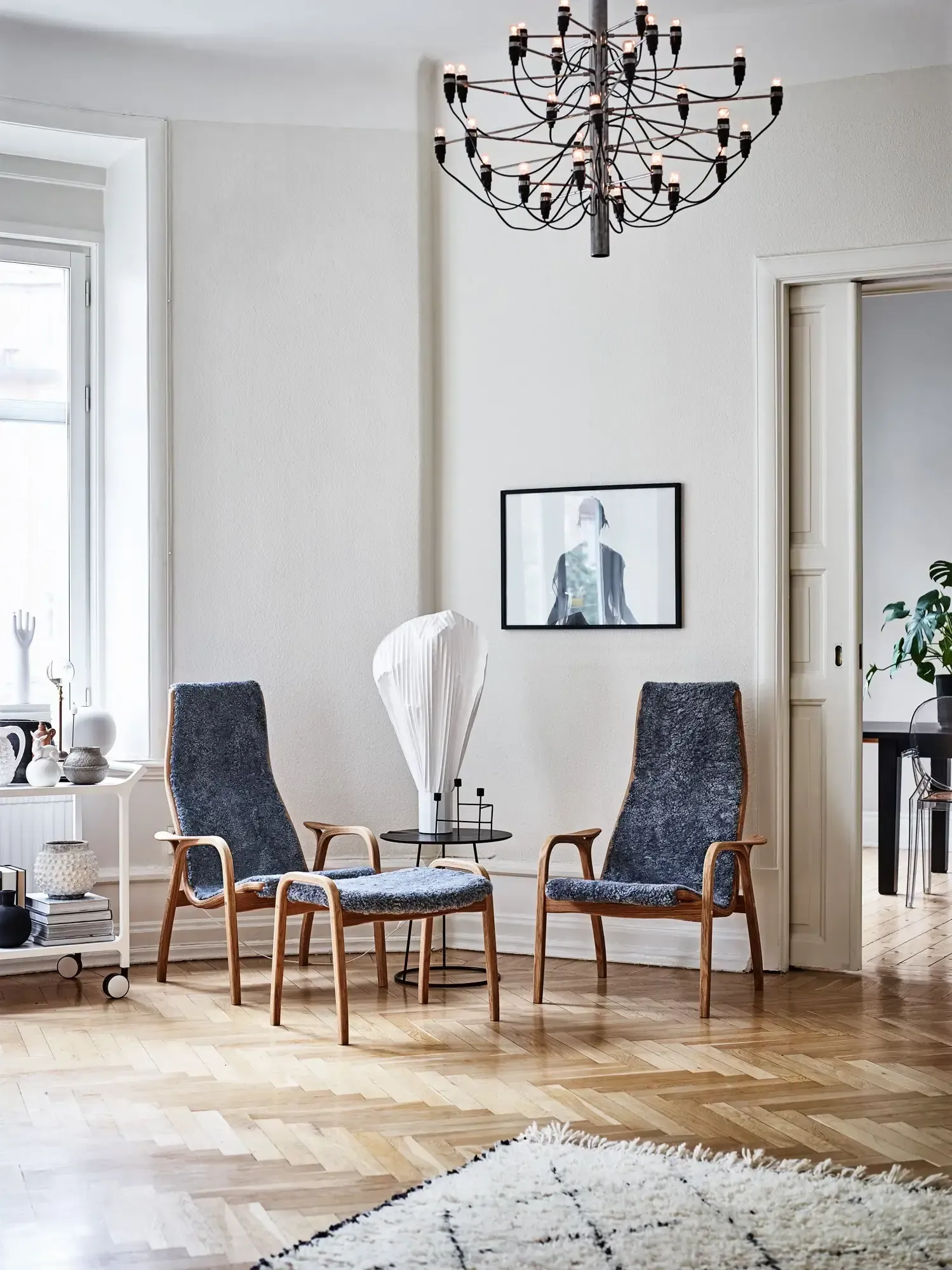 Lamino footstool, Sheepskin Scandinavian grey-lacquered walnut Swedese