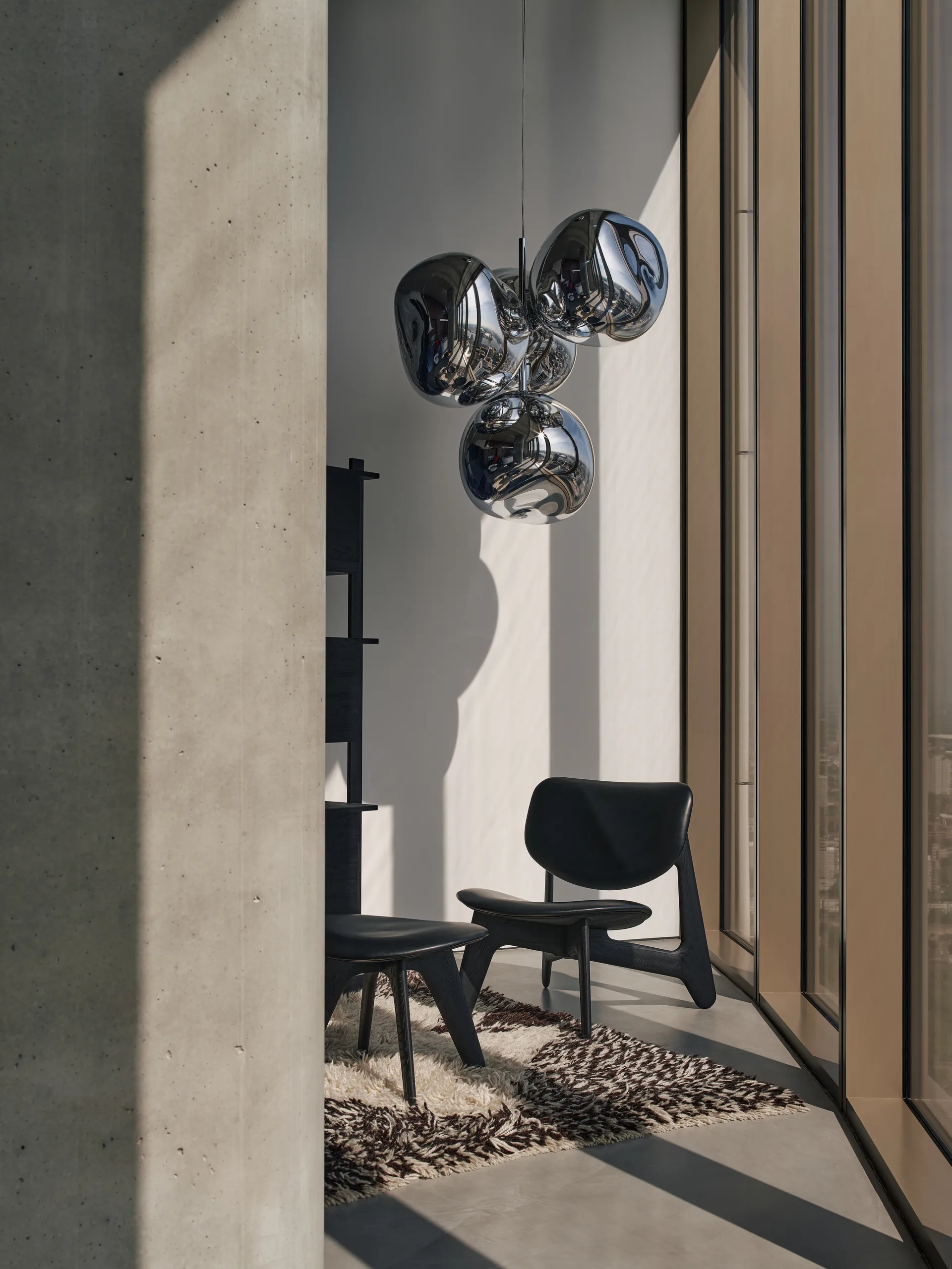 Slab lounge chair upholstered seat, Black ash-black leather Tom Dixon
