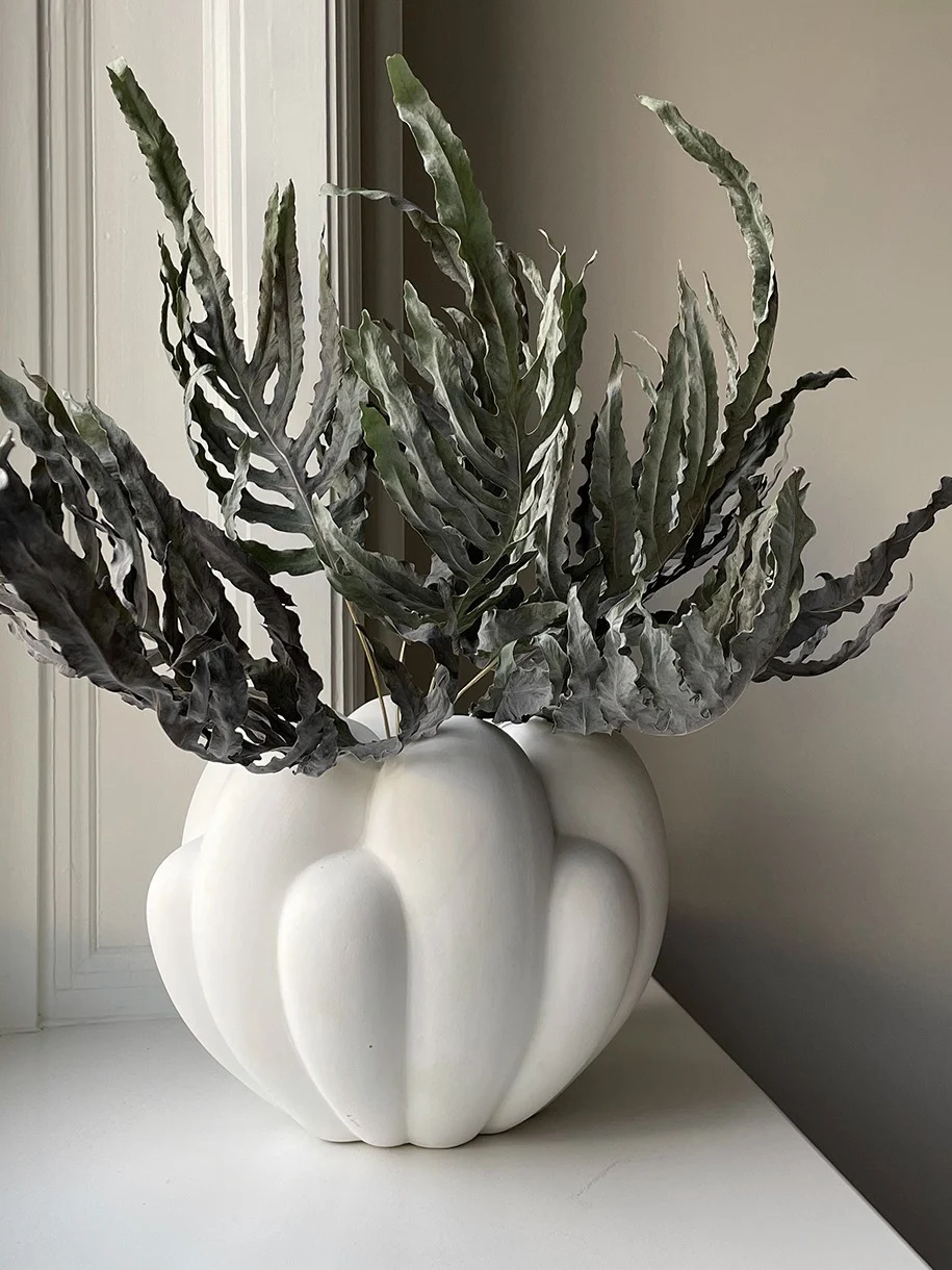 White pumpkin-shaped vase with dark green, textured foliage.