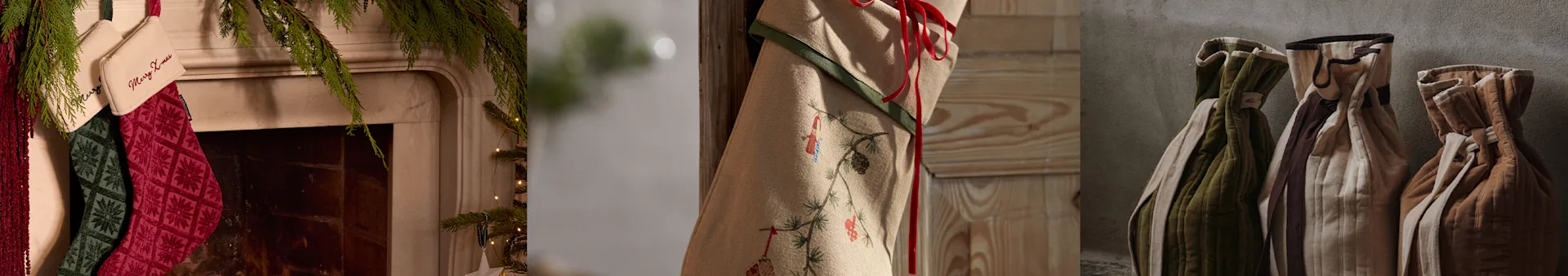 Christmas decor: quilted stockings on a fireplace, embroidered fabric bag with red ribbons, and three quilted gift bags in earthy tones.
