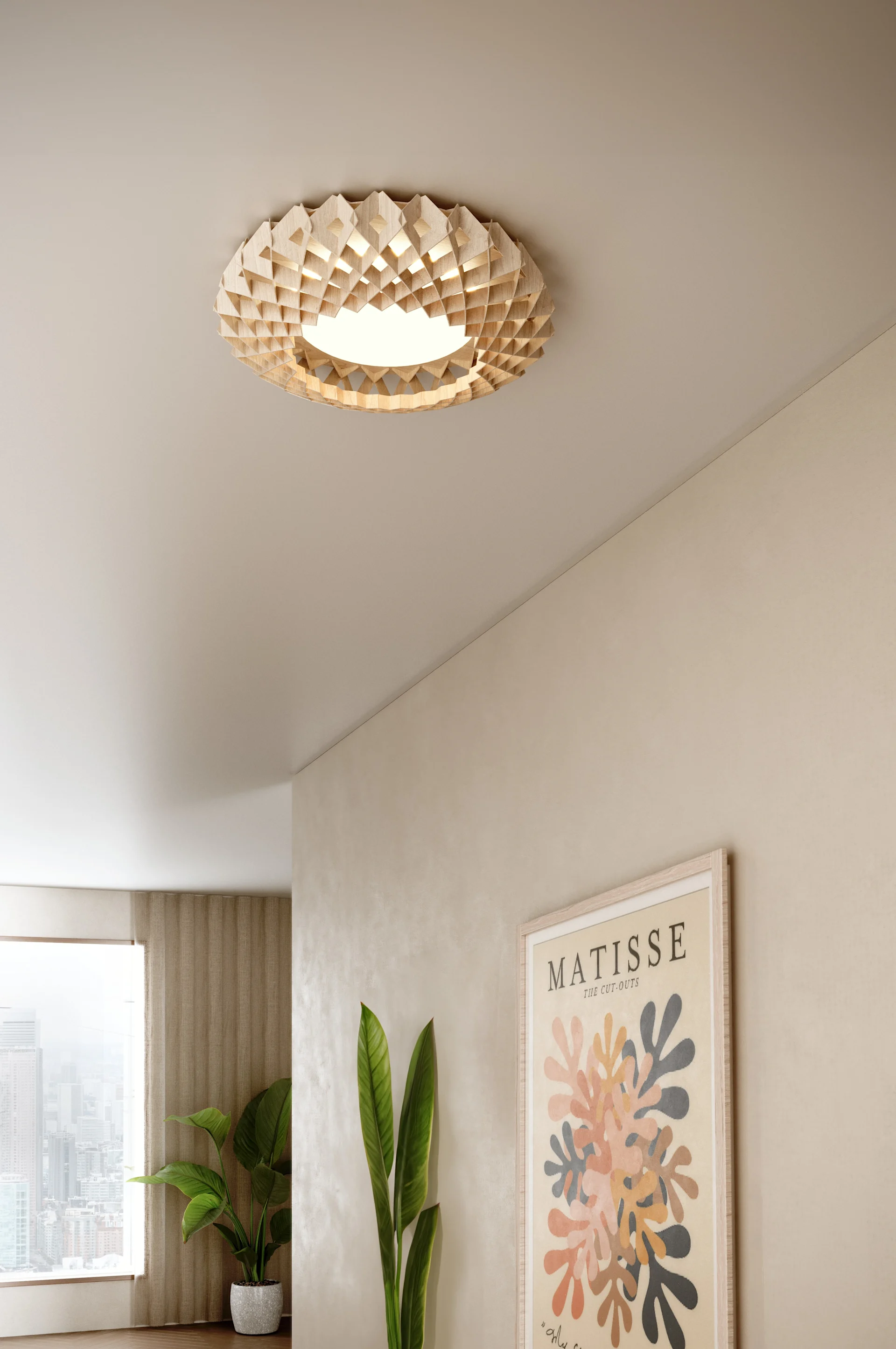 A modern ceiling light with a round, geometric wooden shade illuminates a room with light walls, a large window, a plant, and abstract art.