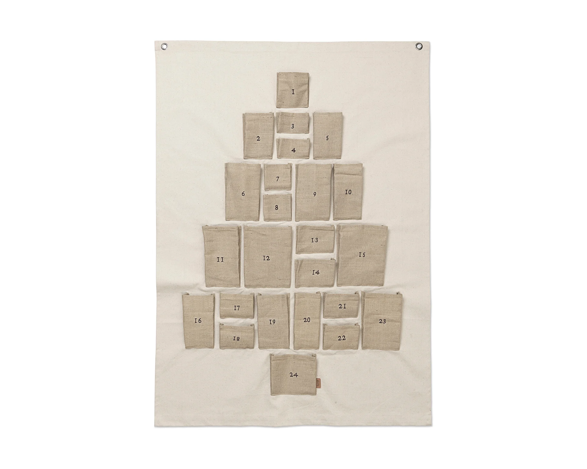 Beige fabric advent calendar with 24 numbered pockets arranged as a Christmas tree.
