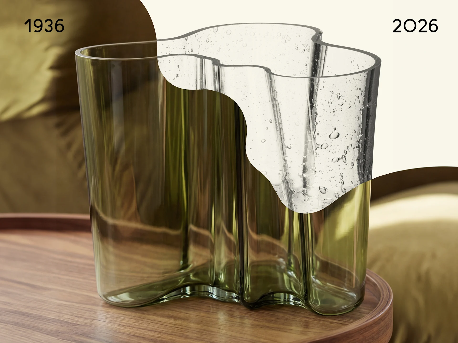 Split image of a wavy glass vase: left, smooth translucent green (1936); right, clear with bubbles (2026).