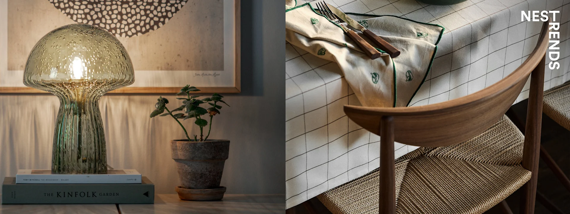 Modern decor: Left - mushroom glass lamp, plant, art. Right - checkered table, cutlery, woven chair. NEST TRENDS.