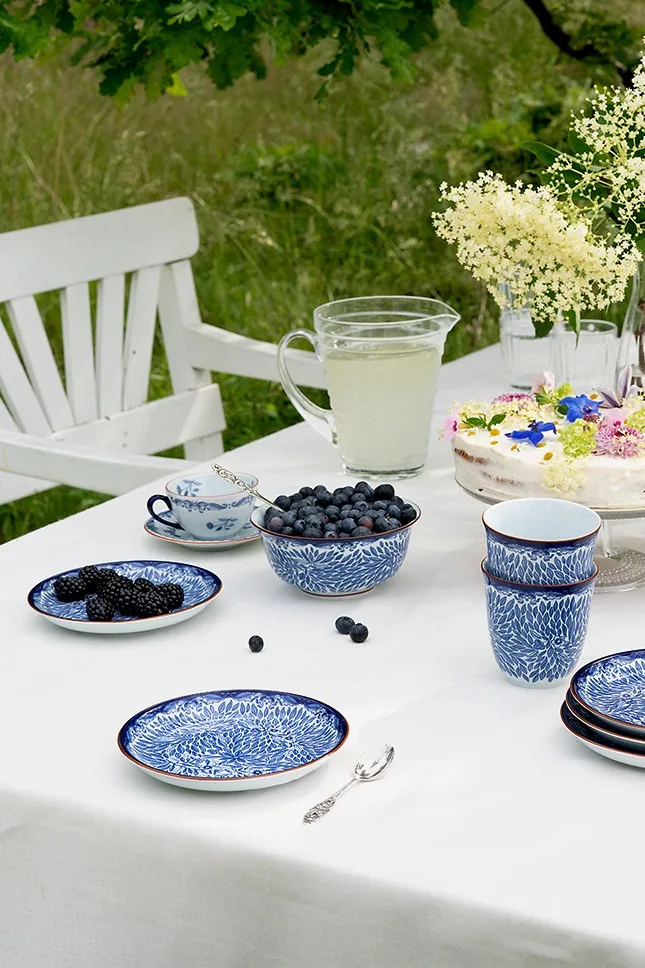 Outdoor table setting with blue and white patterned dishes, fresh blueberries and blackberries, a lemonade pitcher, and a flower-decorated cake.