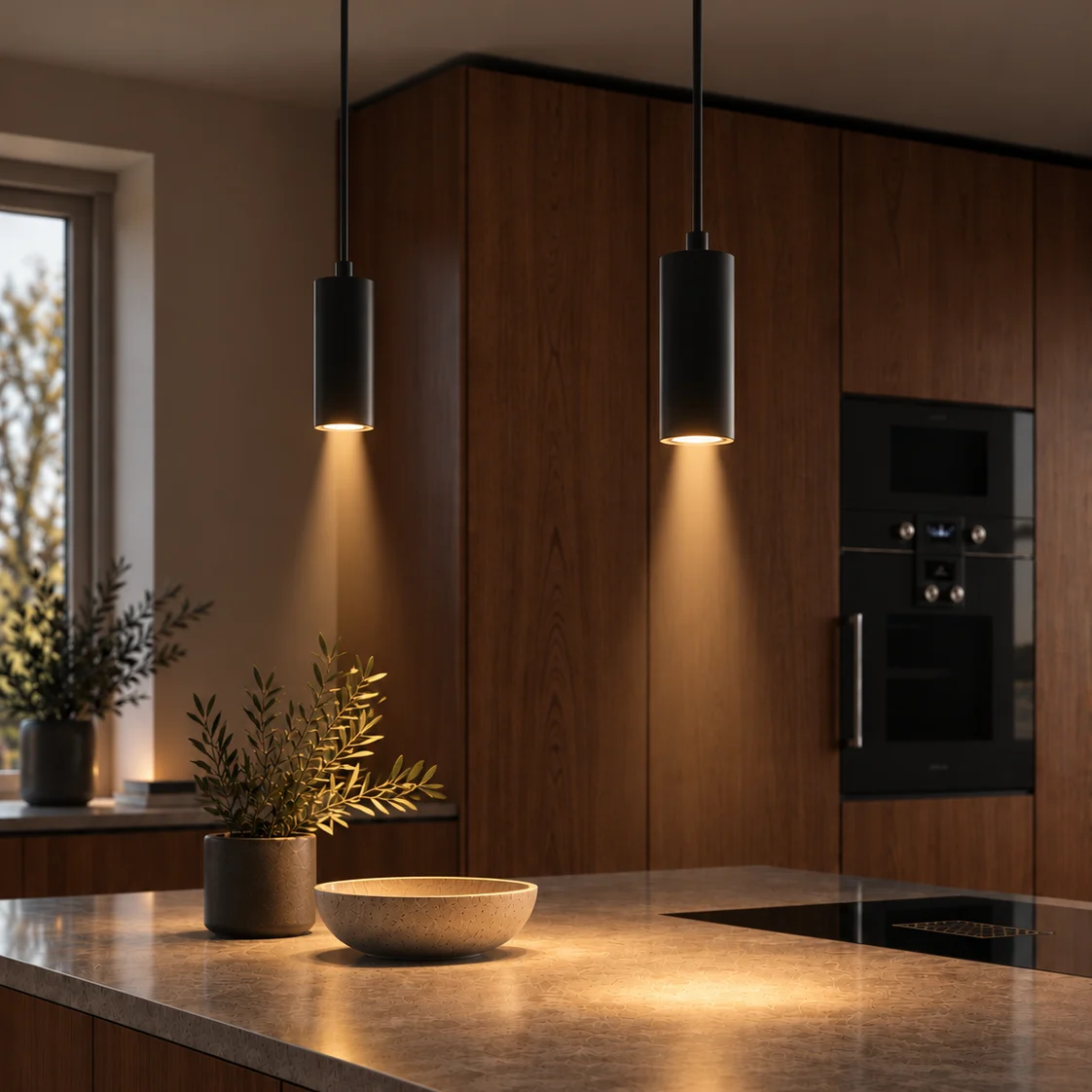A metal pendant light fixture with a bell-shaped shade casts a warm, circular glow downwards.