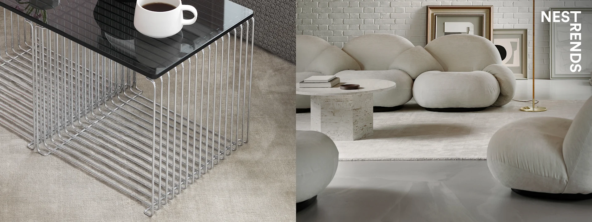 Modern glass table with chrome rod base and coffee mug; adjacent living room with rounded sofas, white coffee table, and brick wall.