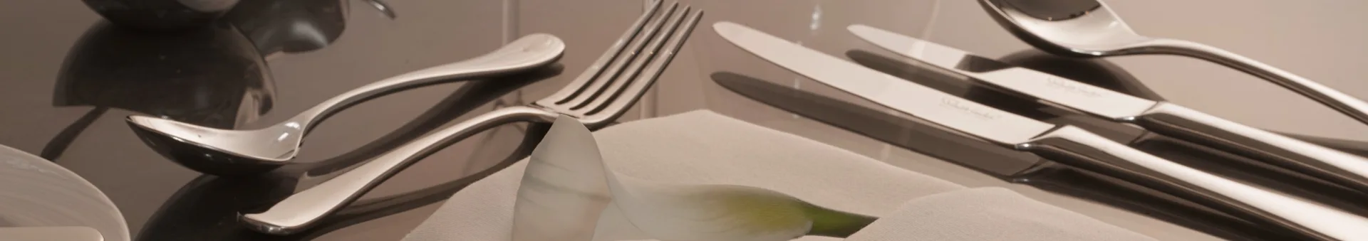 Elegant polished silver cutlery set with forks, knives, spoons, a white napkin, and a white flower.