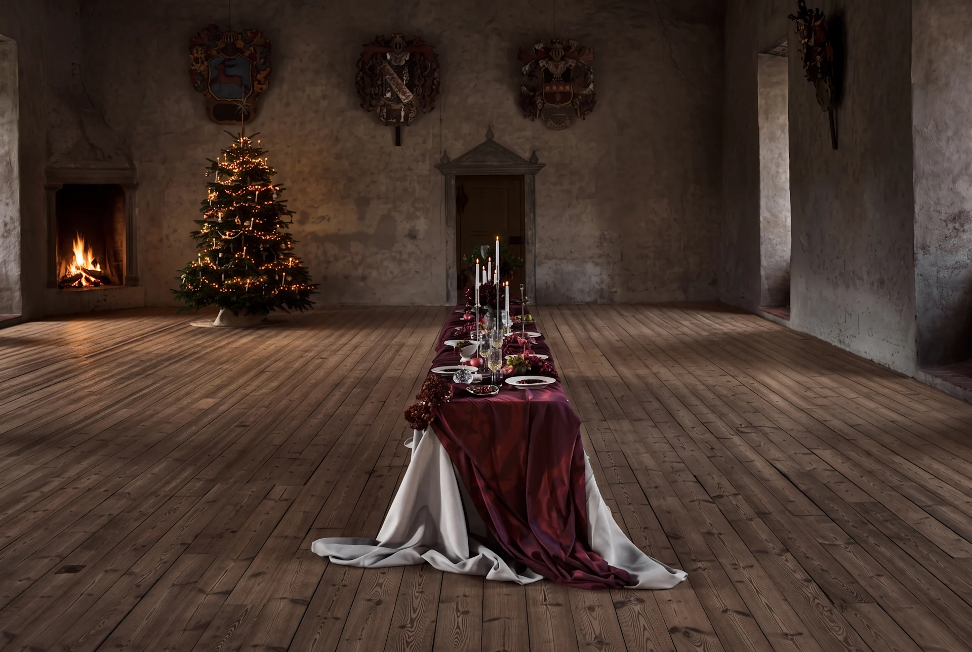 Long dining table set for a Christmas feast in a grand hall with a lit fireplace and decorated Christmas tree.