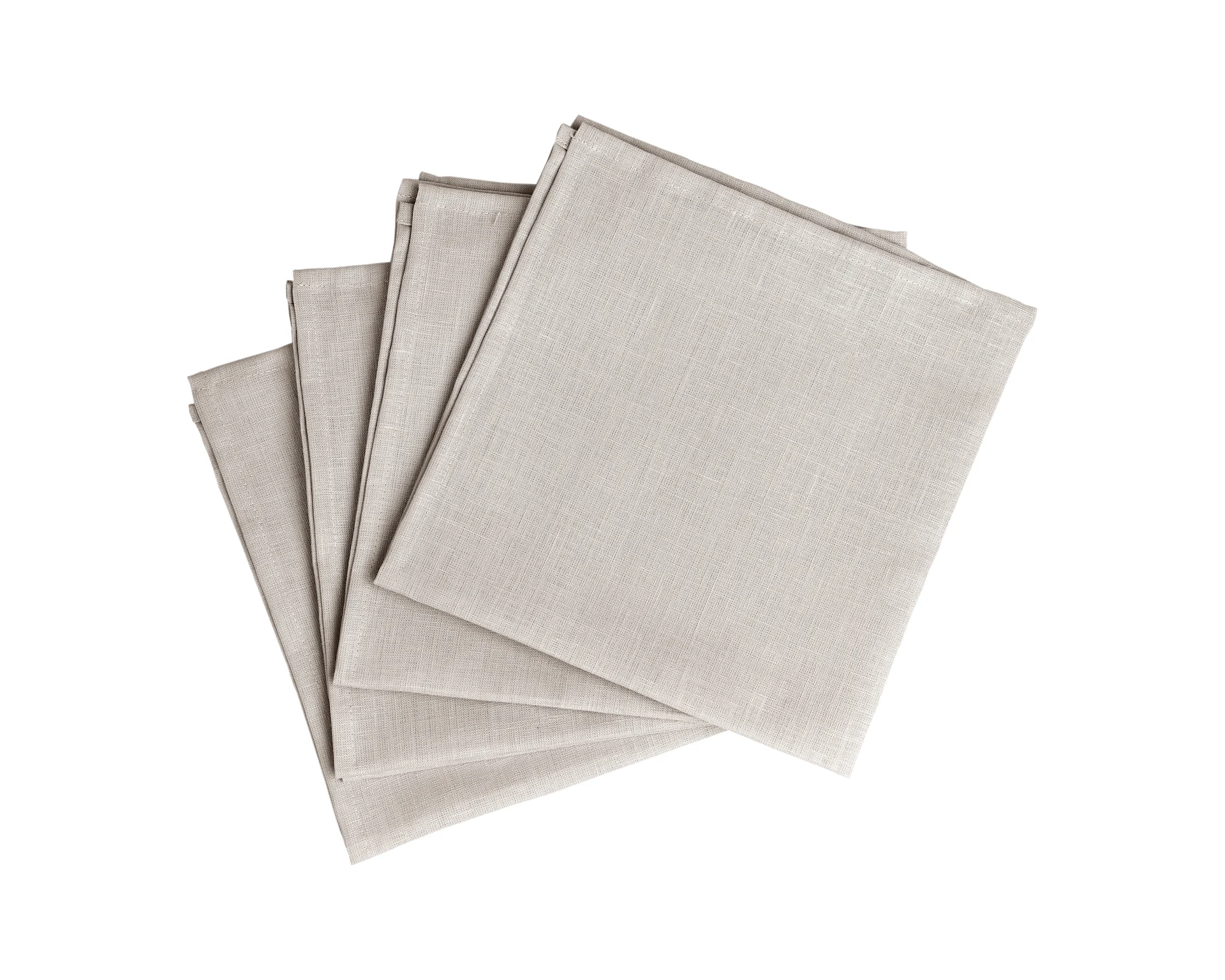 Five folded beige fabric napkins, fanned out in a slight stack.