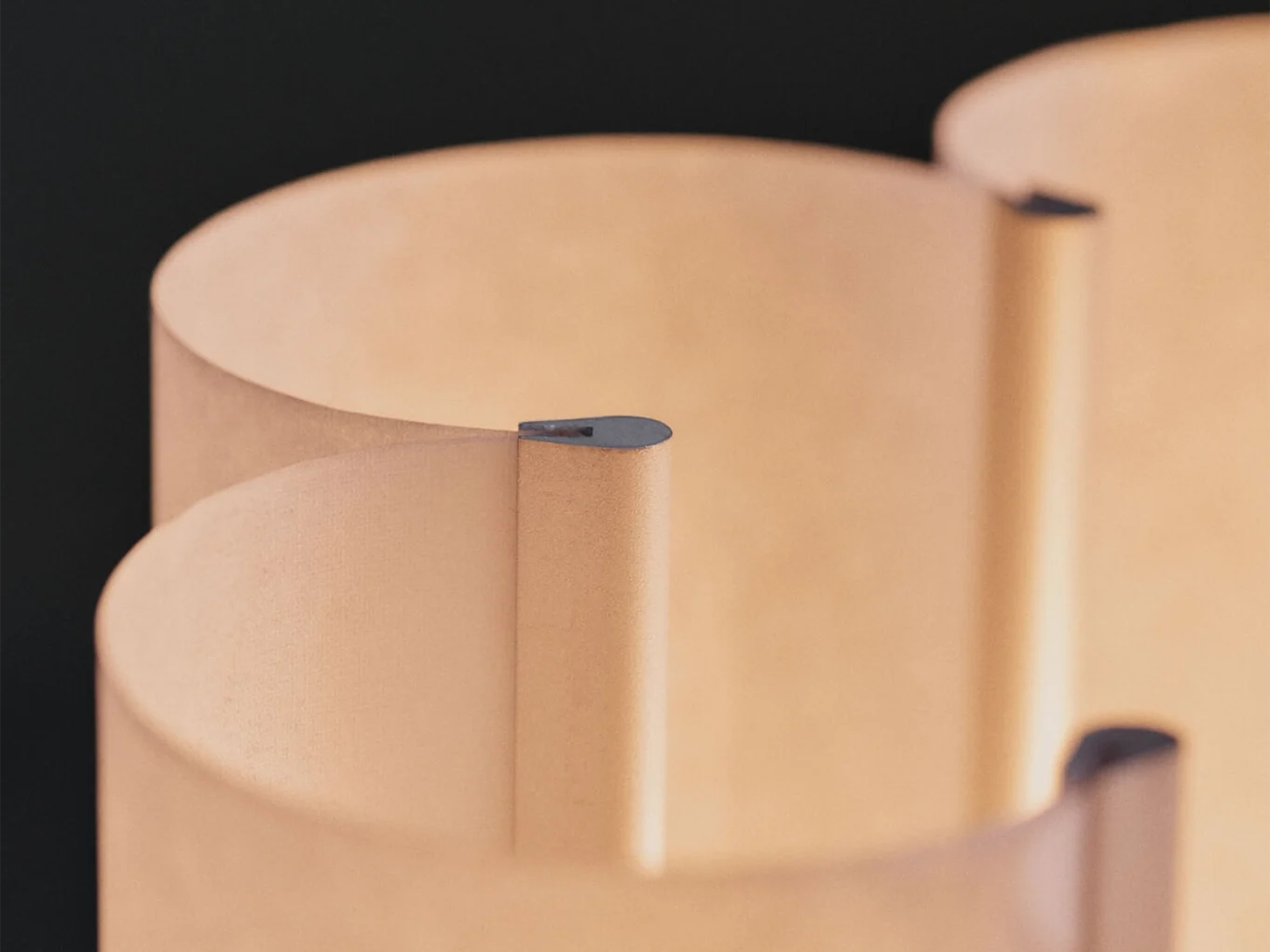 Close-up of a curved, layered light brown textured object with dark grey clips, against a dark background.